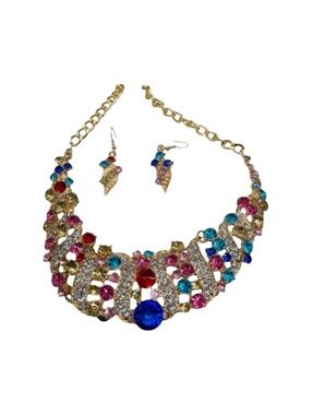 Gold Multi-Color Crystal Statement Necklace and Earring Set FINAL PRICE DROP